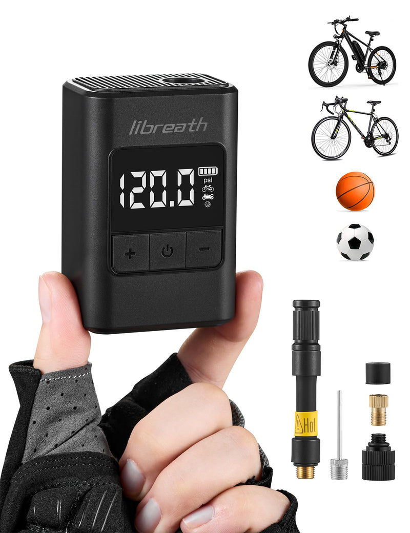 Bike Pump with Gauge, 120 PSI Mini Electric Bike Tire Pump, Auto Stop Air Pump with Presta and Schrader Valve, Portable Rechargeable Fast Inflation for Road Mountain Bike Bicycle Accessories