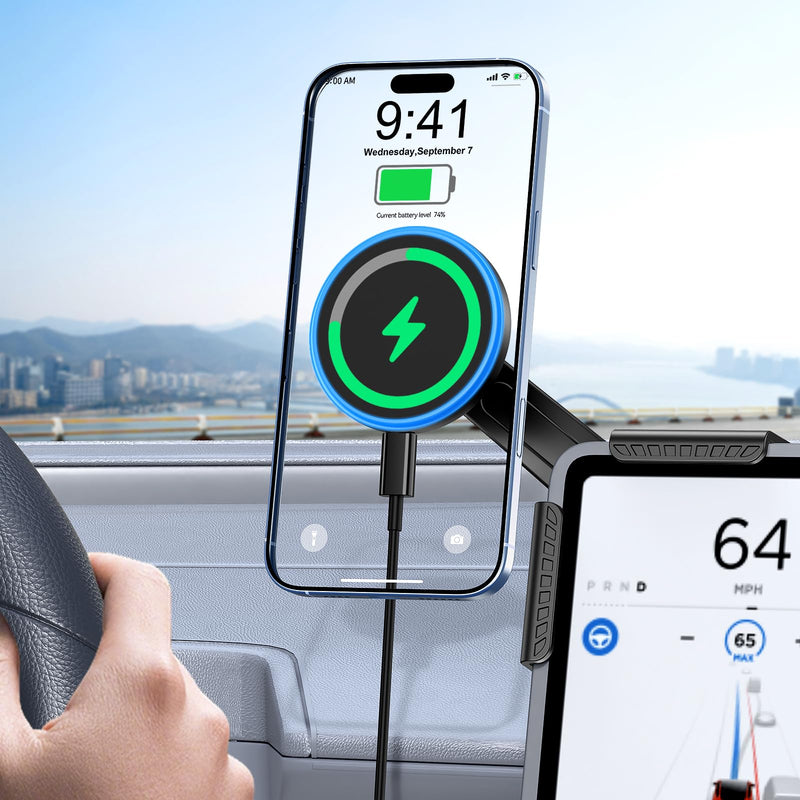 Tesla Car Mount Charger, [Heat Restriction] [LED RGB HandsFree] Wireless Car Phone Holder Charger, Magnetic Phone Holders for Your Car for Tesla Model Y/3/S/X Screen for 16/15/14/13/12 Series