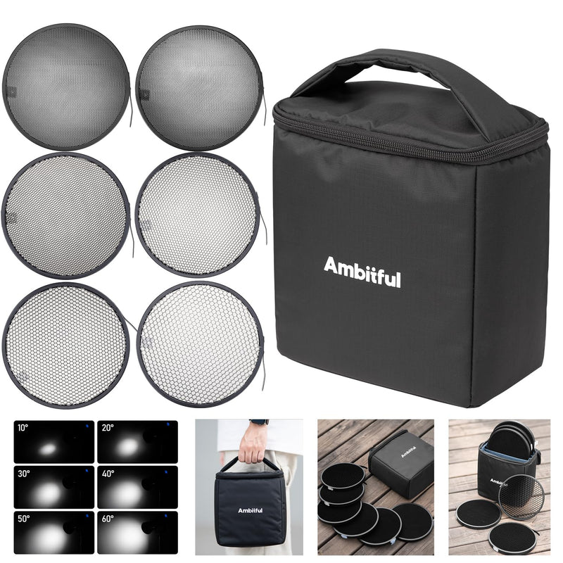 Ambitful HC-06 Honeycomb Kit - 6 pcs 10°/20°/30°/40°/50°60° Standard Reflector Honeycomb (6.69inch/17cm) with Protective Bag Compatible with 7'' Standard Reflector