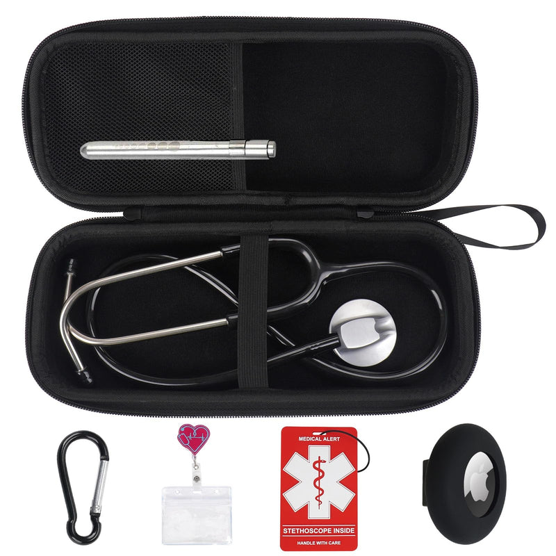 MGZNMTY 6 Pcs Stethoscope Case Kit, Perfect Nurse Gift Include Hard Stethoscope Case for 3M Littmann Classic III, AirTag Holder, Medical Alert Label, ID Card, Nurse Badge Clip, Carabiner (Black) Black