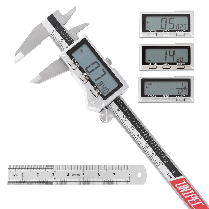 6 inch Stainless Steel Digital Caliper (IP54) & Stainless Steel Rule Set, Easy Switch from Inch/Metric/Fraction, Splash-Proof Protection with Large LCD Display – DIY/Household IP54 6"