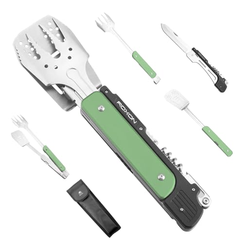 ROXON 6-in-1 Grill Tools Set, Metal Griddle Accessories Kit for Blackstone Green