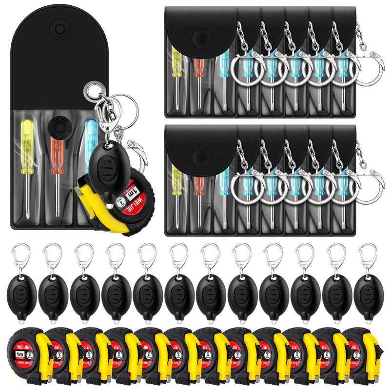 Jutom 36 Pcs Mini Screwdriver Keychain Retractable Measure Tape LED Lights Keychain Set Back School Gifts Bulk for Adult Men (Black) Black