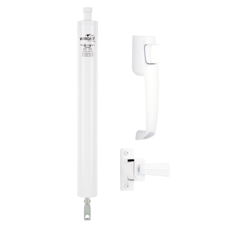 Wright Products Pneumatic Storm Door Closer & Push Button Latch Combo Kit – Adjustable, Smooth-Closing with Hold-Open Feature (Modern, White) Modern