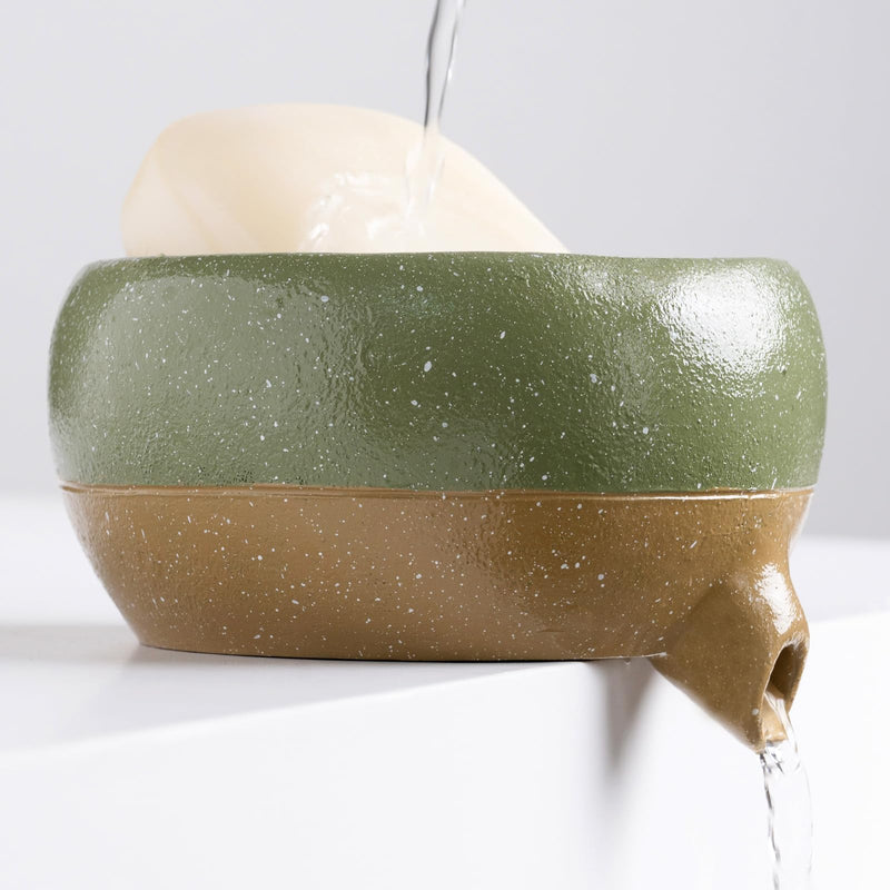 Self Draining Soap Dish and Soap Holder with Drain Spout for Sink, Shower, Bathroom, and Kitchen - Compact Resin Sponge Holder and Organizer, Keep Dry and Easy Cleaning Design, Green Rustic Green