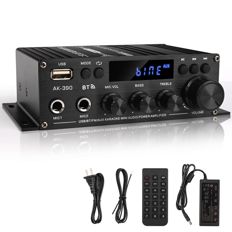 Stereo Audio Amplifier, 2.0 CH Mini HiFi Stereo AMP Bluetooth 5.0 Amp Receiver with 400W+400W, FM, AUX, USB, Microphone Input, 12V 5A Power Supply, Power Amplifier for Car Home Bar Party 400W*2