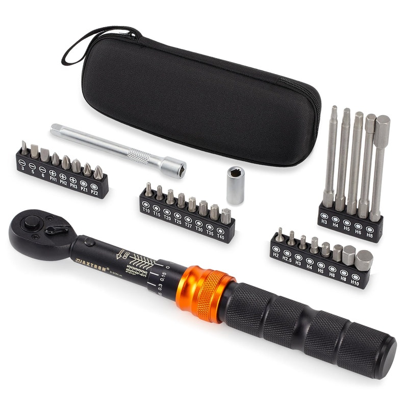 32-Pc Bike Torque Wrench Set, 1/4-Inch Dr. Click Torque Wrench and Bit Kit, 2-20 Nm Micro Adjustment, 72-Tooth Ratchet Head, Portable Round Pouch 32-Piece