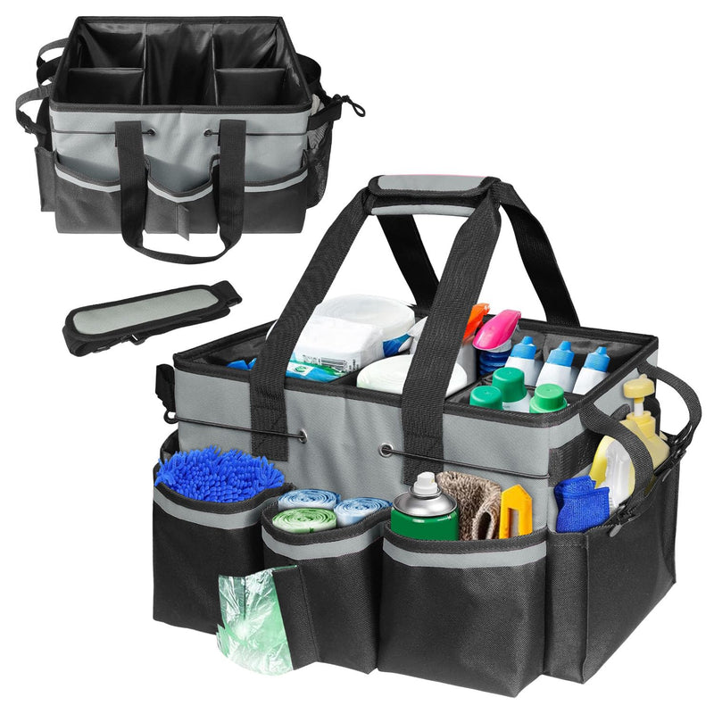 Cleaning Tool Organizer Bag with Handles | 17.8x12.2x9.3in Large Waterproof Cleaning Caddy | Detachable Shoulder Strap & Dividers | for Car Detailing, Housekeeping, Cleaners(Grey) grey