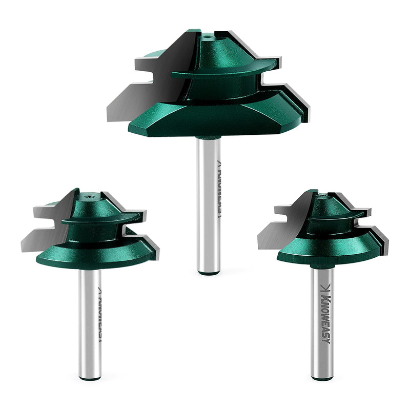 Knoweasy 45 Degree Lock Miter Router Bit Set with 1/4 Inch Shank, 3-Piece for Woodworking Projects, Includes 1/2, 5/8 and 3/4 Inch Cutting Heights, Precision Joinery Tool for Strong Miter Joints