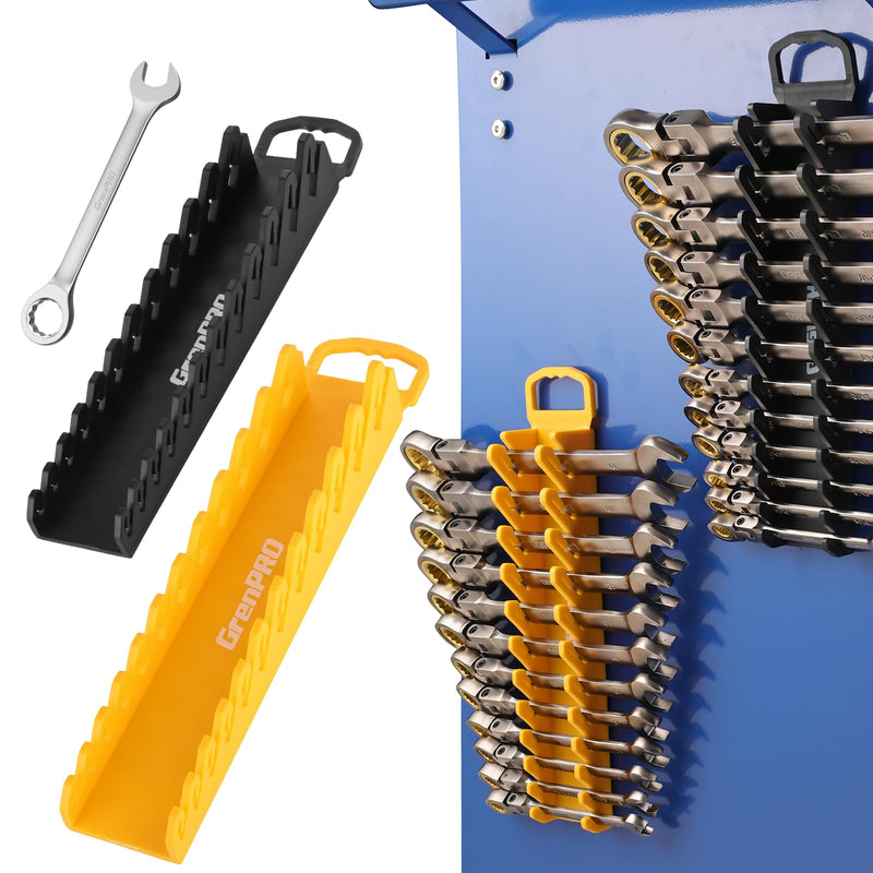 Wrench Organizer for Tool Box, 2 Pack Magnetic Wrench Holders with Handle, Includes FREE 10mm Double-Ended Wrench, Storage for Tool Box Drawer, SAE & Metric Wrench Rack Wrench+Handle 2-Pack