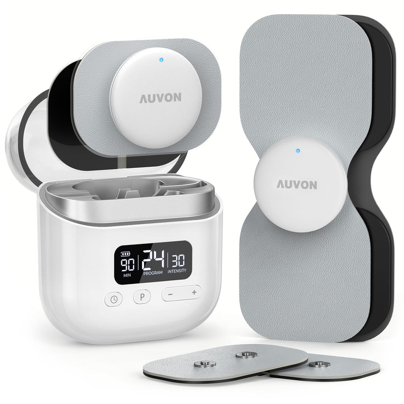 AUVON Wireless 24 Modes TENS Unit Muscle Stimulator for Pain Relief, Smart Rechargeable TENS Machine with Dual Size 6 TENS Pads for Physical Therapy, Pocket-Size TENS Device for Shoulder & Back Pain A White