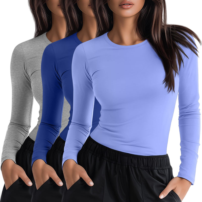 Neer 3 Pack Womens Underscrub Shirts Long Sleeve Crewneck Tops Fitted Layering Clothes Comfort Knit Tops for Nurse Royal Blue, Periwinkle, Light Mixed Gray Small