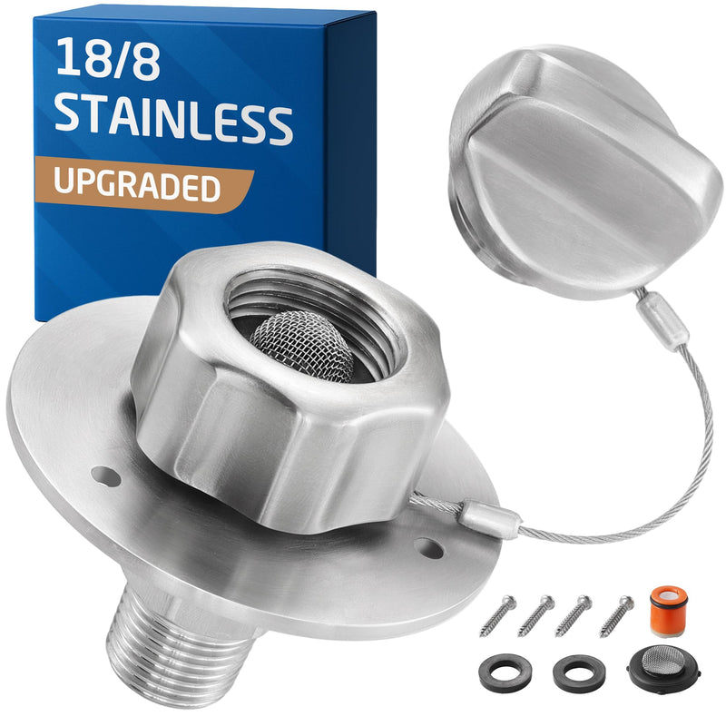 KES All Metal RV Water Inlet Connection with Check Valve, 18/8 Stainless Steel RV City Water Inlet Replacement, Upgraded Leak-Proof Design for Camper, Trailer, Marine & Boat, Brushed Finish, RWI200-BS Brushed Steel