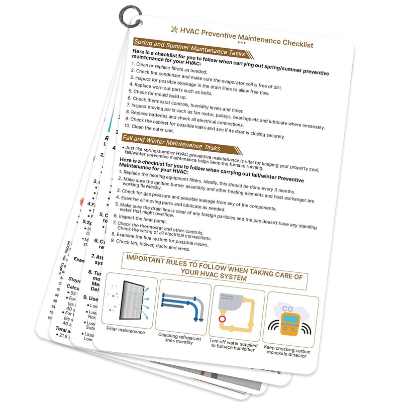 HVAC Quick Reference Cards, Refrigerant Charging and Troubleshooting Tech Guide for Air Conditioners & Heat Pumps, Portable HVAC Tools Card, 4 Pieces, Double-Sided, with a Ring, 9" x 6"
