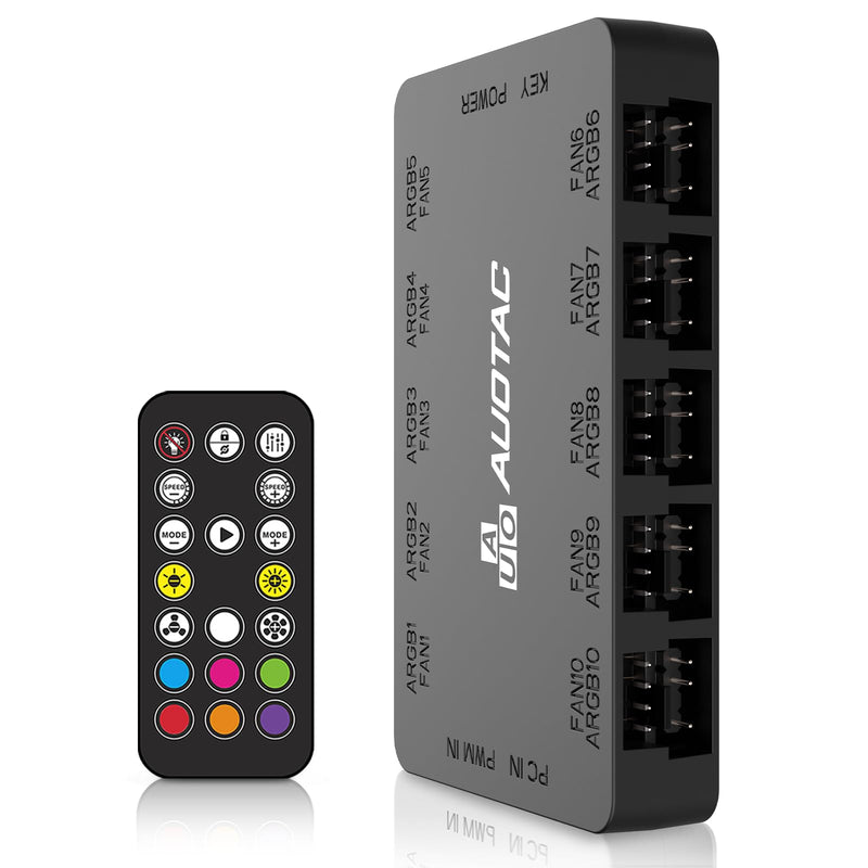 ARGB PWM Fan Hub with RF Remote Controller for PC Build, (Connect Ten Case Fans, 5V 3Pin ARGB & 12V 4Pin PWM Fan Connector, Stable Dual SATA Power Input, Magnetic Suction), Black