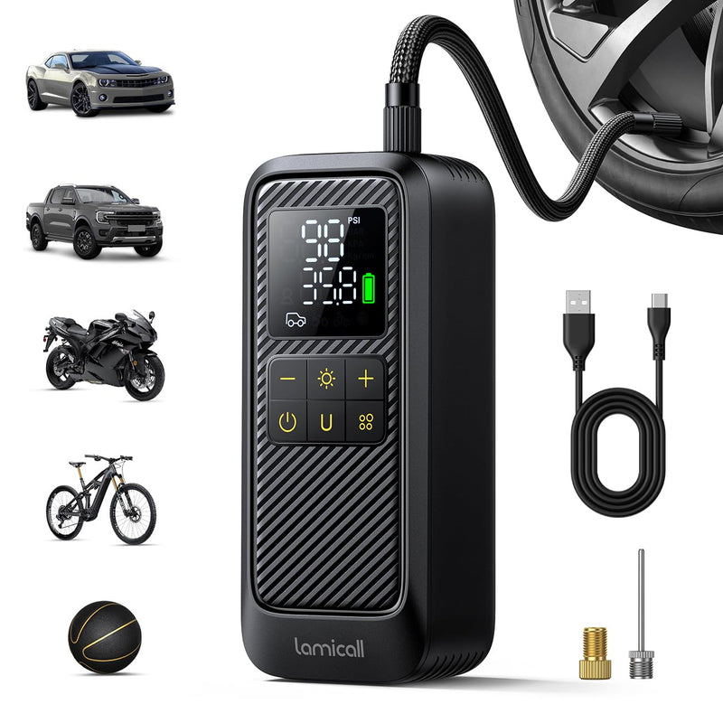 Car Tire Inflator Portable Air Compressor - Lamicall [5X Faster][150 PSI] Air Pump with Rechargeable Battery for Car, Motorcycle, Bike, ATV,MTV, Scooter, Ball Black