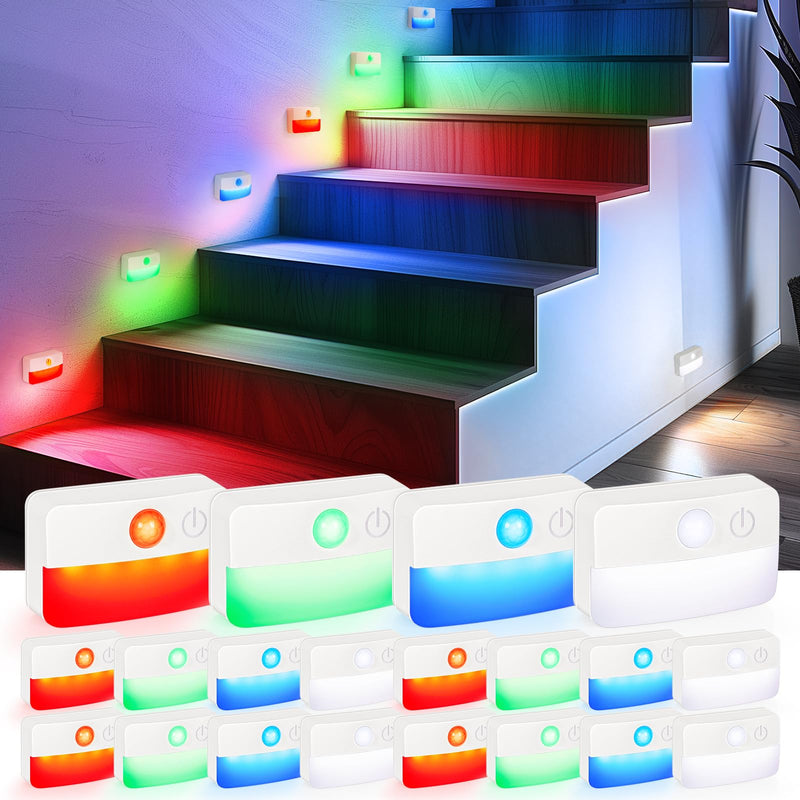 16 Pack Motion Sensor Stair Lights for Indoor, Wireless RGB Battery Operated Night Light, Led Stick On Hallway Closet Under Cabinet Stairway Automatic Lamp for Bedroom Kitchen Bathroom RGB, Battery Operated 16 Pack