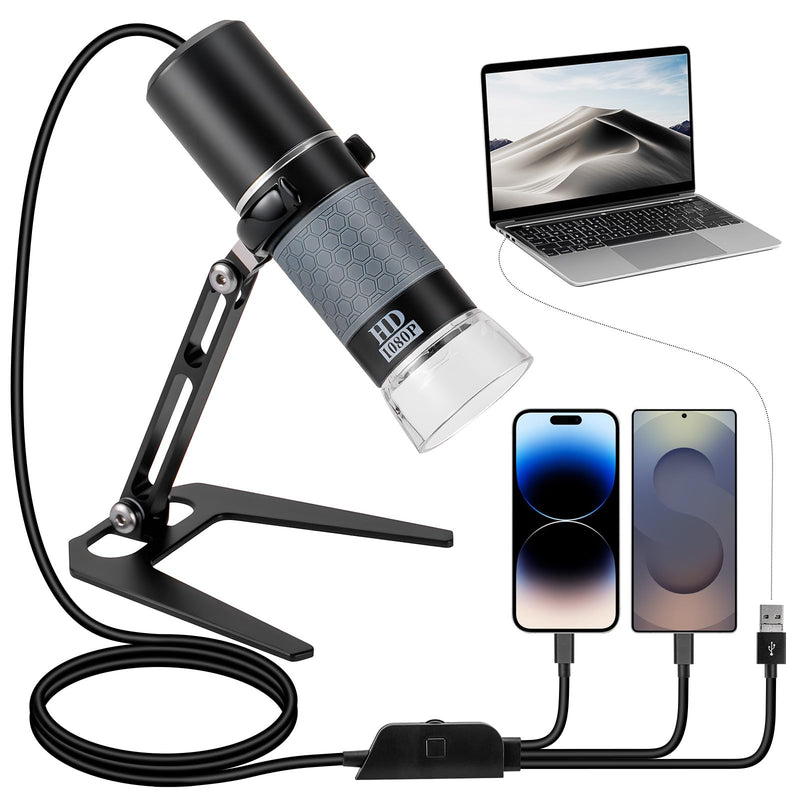 1080P USB Digital Microscope with Metal Stand, 50X-1000X Handheld Microscope Camera with 8 LED Lights Compatible with iPhone/Android/Windows/Mac Black