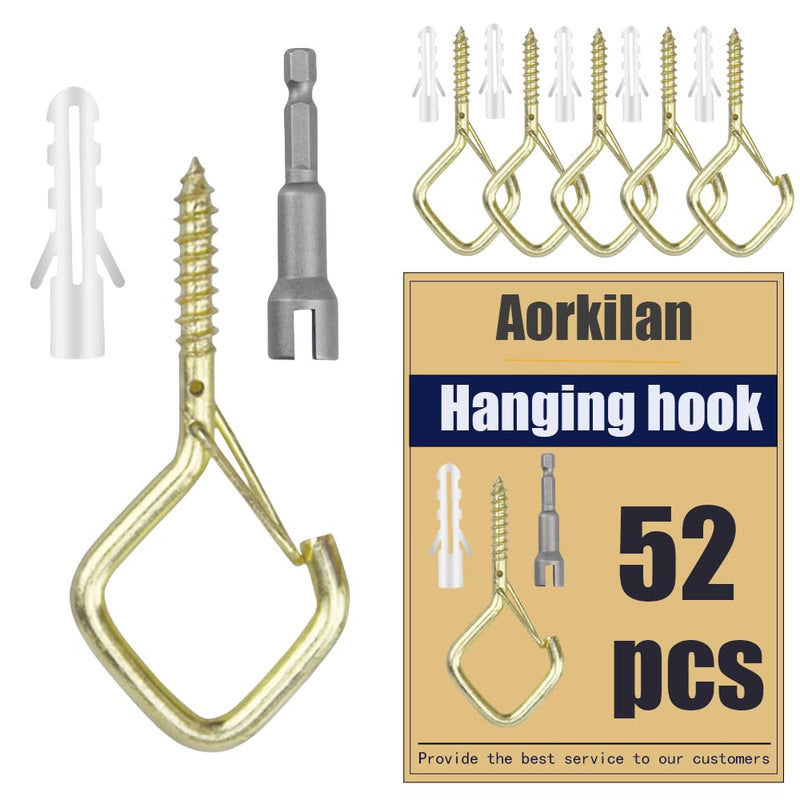 52-Pack Heavy-Duty Golden Screw Eye Hooks with Safety Clips | Metal Ceiling Hooks for Hanging Plants, Wind Chimes, Bird Feeders & Indoor/Outdoor Lights Gold 52Pcs