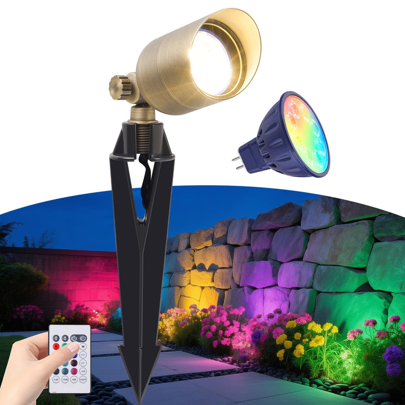 Low Voltage Landscape Lighting, Halloween Spotlight Outdoor, Color Changing Landscape Light, 12V Brass Spot Light with RGBW MR16 LED Bulb,Christmas Outdoor Decorations for Yard Garden Lawn