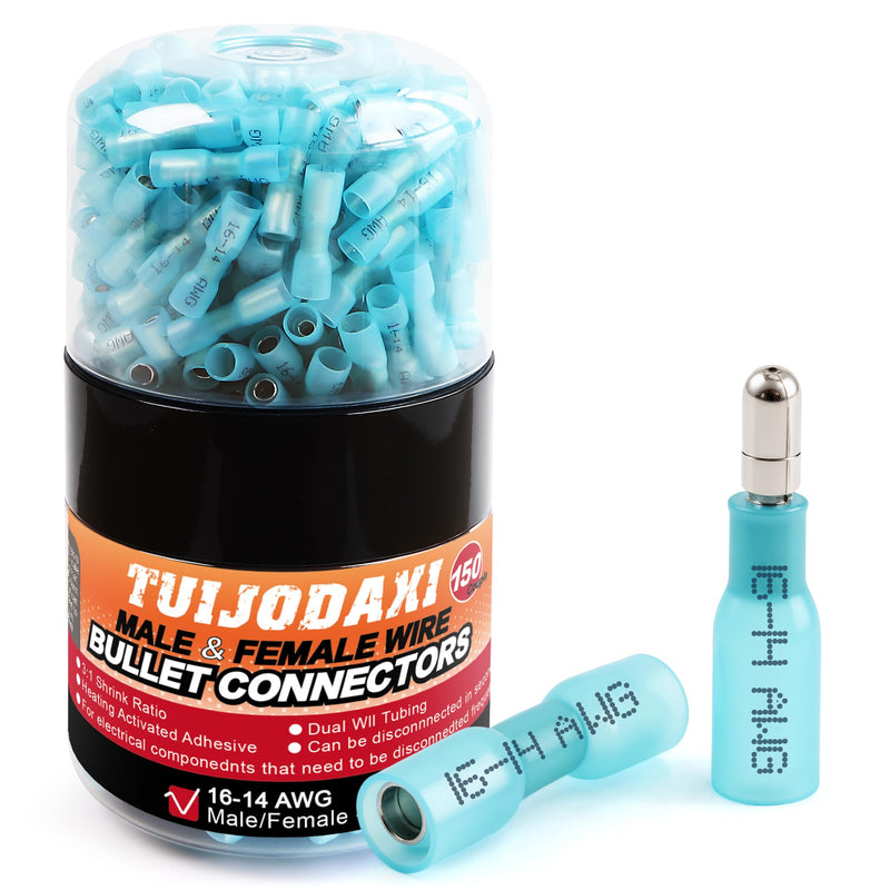 300 PCS Heat Shrink Bullet Connectors kit - Male & Female Electrical Butt Terminals, Insulated Waterproof Wire Connectors, Marine Grade Electrical Connectors - Blue 16-14 AWG Blue-AWG 16-14