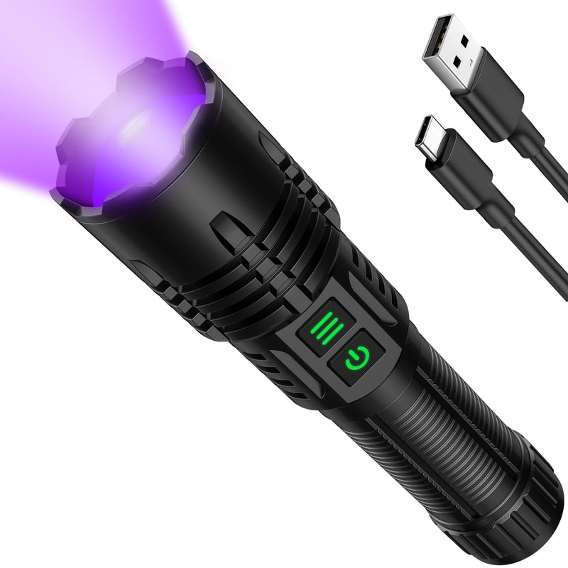 UV Blacklight&High Lumens Flashlight Rechargeable, Powerful Blacklight Flashlights for Pet Urine Detection, Resin Curing, Scorpion, Zoomable Waterproof Tactical LED Flashlight for Camping, Emgergency Black