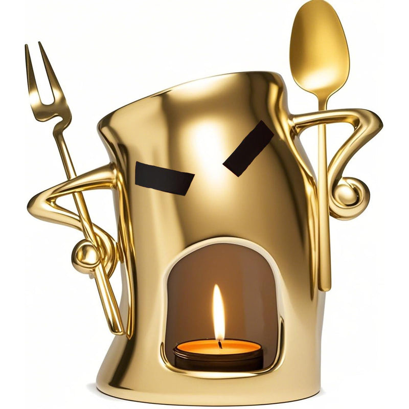 Chocolate Fondue Mug with Attitude - Ceramic Melting Cup for Chocolate Fondue Set, Mini Dessert Party with Fork & Shovel (Gold) Gold