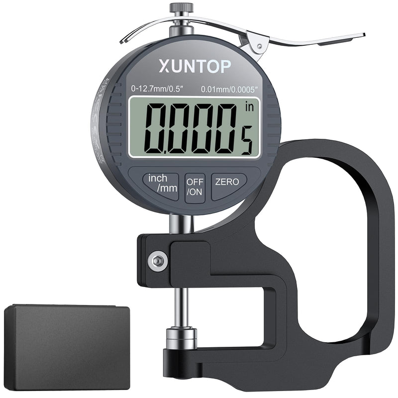 XUNTOP Digital Thickness Gauge 0.5inch/0.0005inch(12.7mm/0.01mm) Thickness Meter with LCD Display, Unit Conversion, Storage Case for Paper Plastic Leather Metal Wire