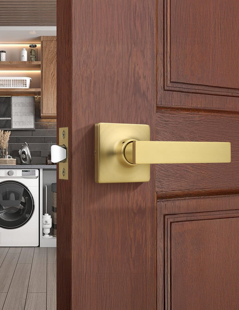 Mengico 1 Pack Passage Door Levers Gold Finish, No-Locking Keyless Square Door Knob, Interior Door Handles for Closet and Hallway, Reversible for Left & Right Handed