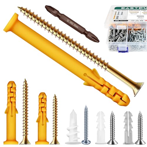 Drywall Anchors and Screws Assortment Kit, 510PCS 255x Plastic Dry Wall Anchors and 255x Truss Flat & Pan Head Zinc Plated Wood Screws, 6 Sizes Wall Hanging Kit 510