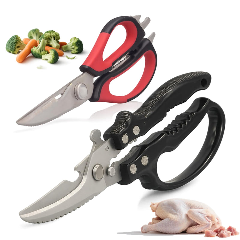 2-Pack Heavy Duty Kitchen Shears - Ultra Sharp All Purpose Food Scissors for Cutting Chicken Bones, Meat & Vegetables, Multi-Function Stainless Steel Cooking Shears (Black & Red) Black & Red