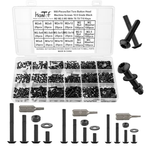900PCS Torx Button Head Screws, M2 M2.5 M3 Bolts and Nuts Washers Set, Star Drive Round Head Machine Screws 10.9 Grade Alloy Steel Black, Small Torx Bolts Fully Threaded with T6 T8 T10 Wrench