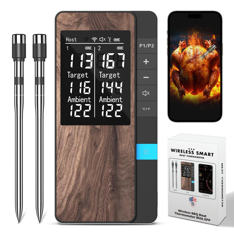 Wireless Meat Thermometer-Multi Sensors Digital Food Thermometer with Ultra-Thin Probes, Accuracy Smart Bluetooth Meat Thermometer for Steak, BBQ, Oven, Grill, Smoker,Recipes in App & Host 2 Probes - Wireless Monitoring (Ultra-Thin)