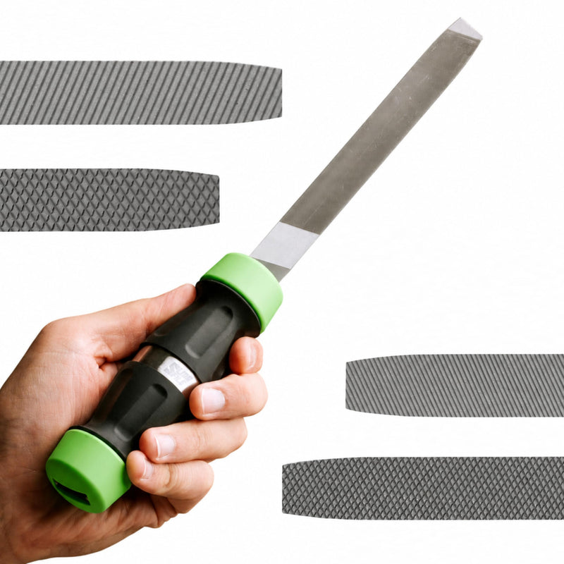 Slida File 4-in-1 Metal File Tool – Bastard, Smooth, Double & Second Cut | Sharpens knives, deburrs metal, shapes plastic & aluminum, removes rust — quick-swap grades, fits most toolboxes Black-green