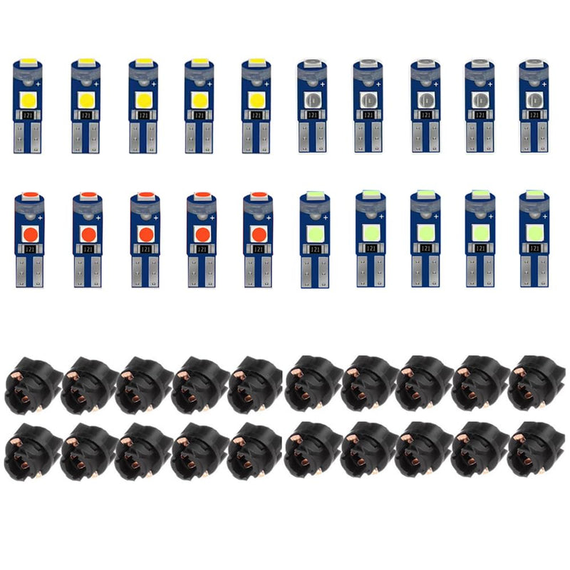 BlyilyB 20-Pack Mix color T5 2721 37 74 Wedge Led Bulb PC74 Twist Sockets Replacement Dash Dashboard Lights Instrument Panel Cluster LEDS Lamps 20PCS