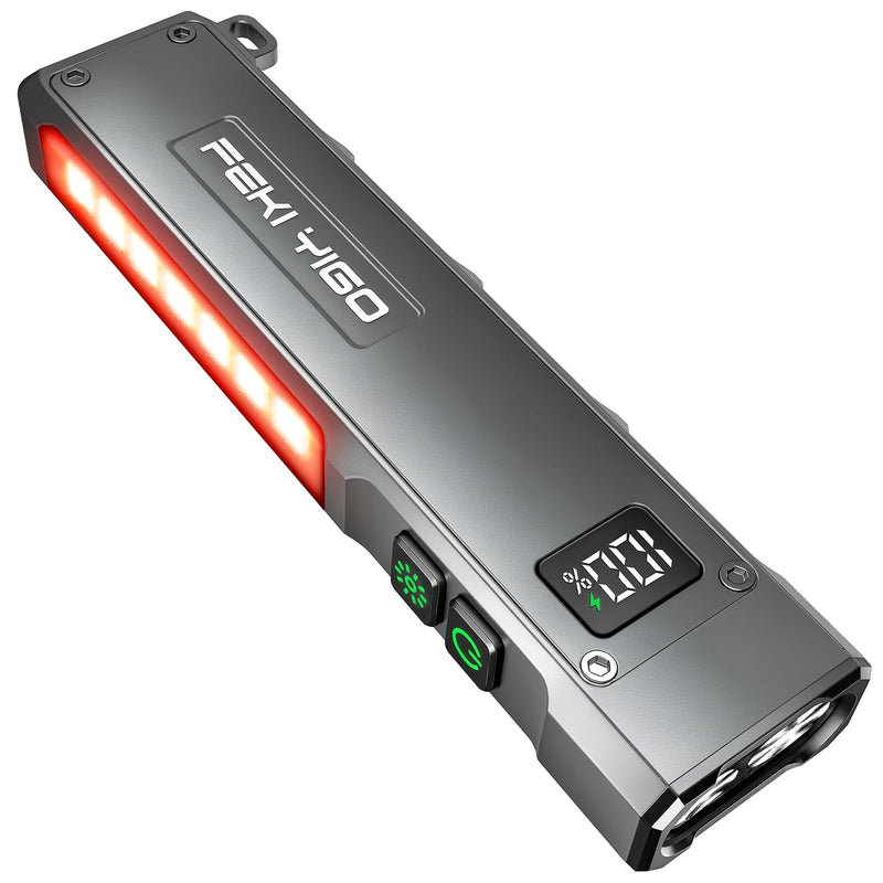 Feki Yigo Flat EDC Flashlight Rechargeable - 1800 Lumens LED Pocket Flashlight with 365nm UV Light, RGB Modes, Magnetic Base, Digital Display,IPX4 Waterproof for Camping, Emergency, Mechanics (Grey) Gray