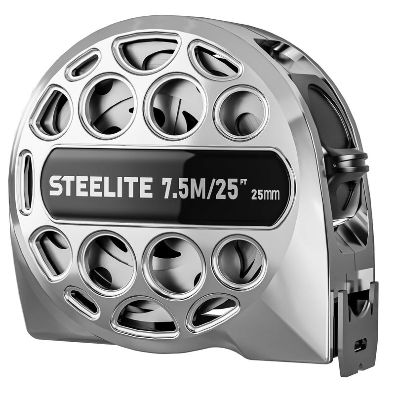 STEELITE Tape Measure 25'FT Stainless Steel Waterproof & Rustproof Retractable Measuring Tape with Hollow Design Bright Silver