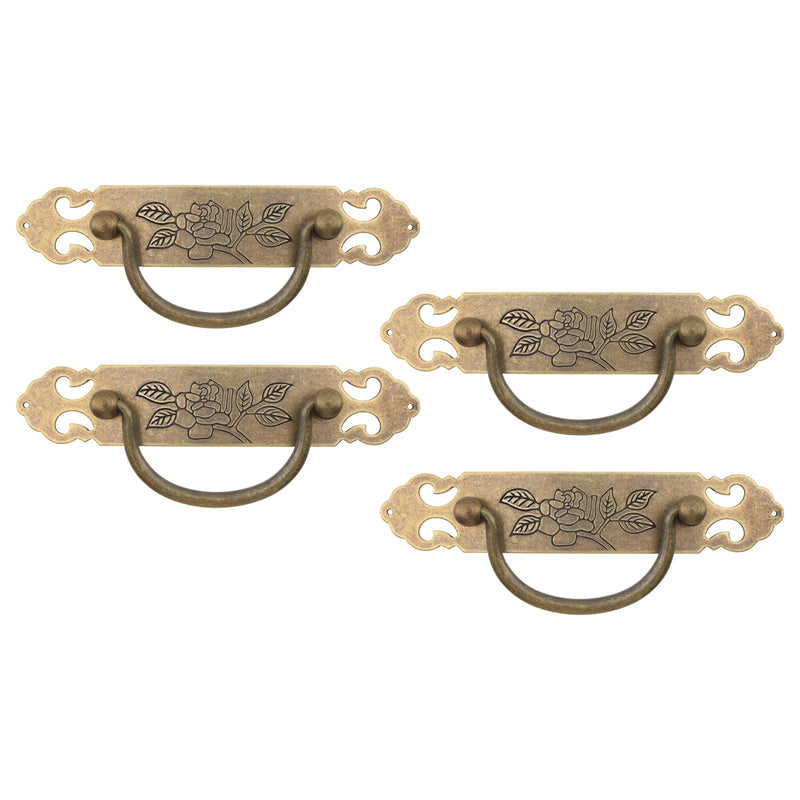 4PCS Antique Flat Bronze Cabinet Pulls Brass Decorative Handles with Engraved Pattern 3" Hole to Hole for Retro Style Furniture Style B-4 Pcs