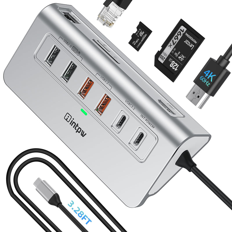 P9R PRO USB C Hub Ethernet, 10Gbps USB C Docking Station 10-in-1 with Type-C & 2 Type-A 3.2 Data, LAN, 4K@60Hz, 2 USB A 2.0, PD 100W, SD/TF Ports, 3.28FT Powered USB Hub for PC, iPhone 17, Mac Silver