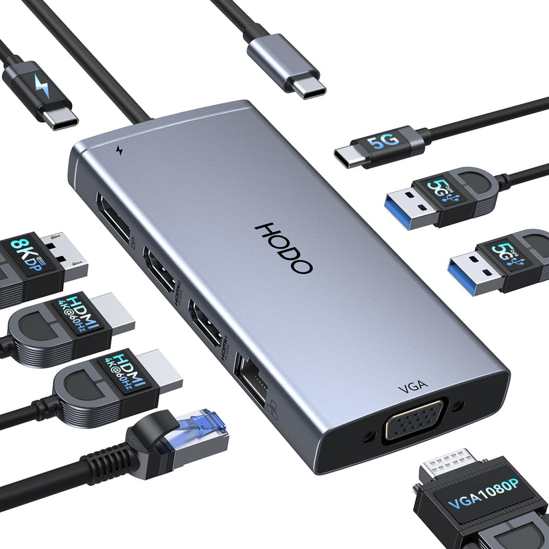 USB C Docking Station Dual Monitor for HP,Laptop Docking Station 3 Monitors | USB C Hub Quad Display USB C Adapter to 2 HDMI,DP,VGA,3 USB,PD,Ethernet,USB C Dock 9 in 1 Computer Docking Station for Dell 9-in-1(Gray)