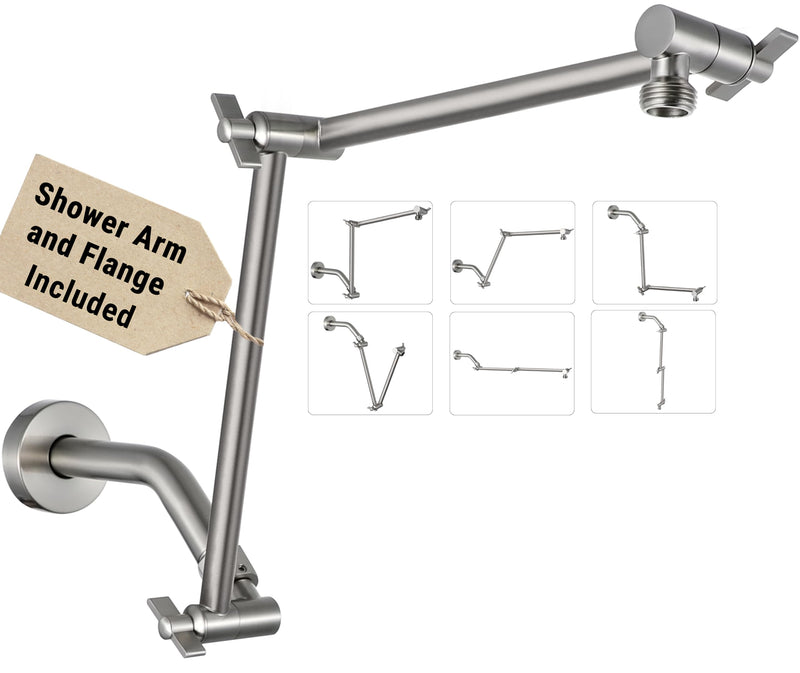 G-Promise 18 Inch Shower Extender with 6 Inch Shower Arm and Flange, Solid Brass Height & Angle Adjustable Extension Arm with Lock Joint, Compatible with Rainfall or Fixed Shower Head (Brushed Nickel) Brushed Nickel