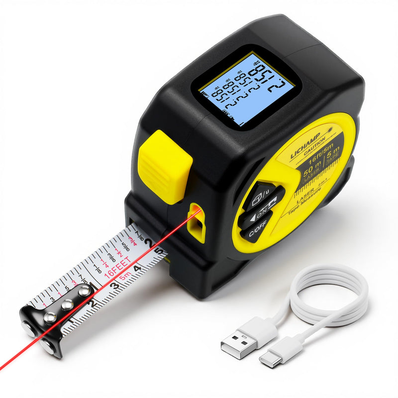 Lichamp Laser Tape Measure, 164ft Class II Laser Distance Meter (0.49mW Red Laser) and 16ft Manual Tape Measure