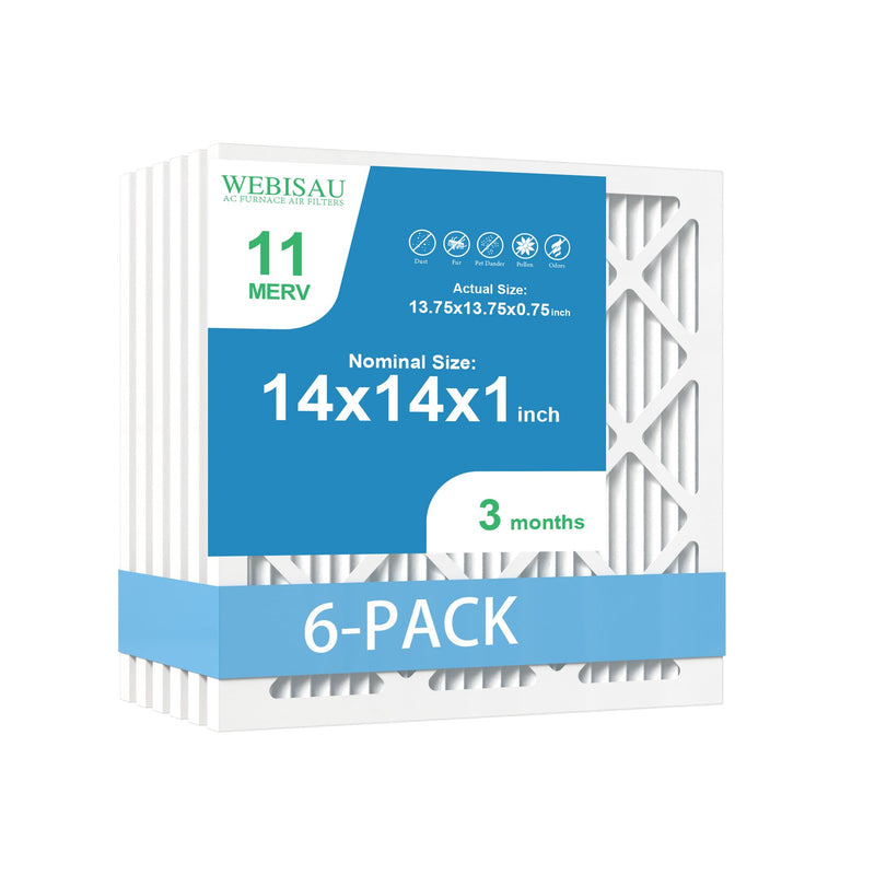 14x14x1 Air Filter MERV 11 MPR 1000 Furnace Filters 6Pack Pleated HVAC AC Furnace Air Conditioner Filters (Exact size: 13 3/4"x13 3/4"x3/4"). 14x14x1 6Pack
