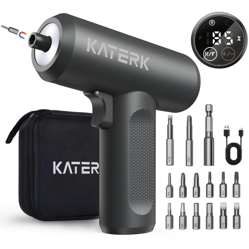 Electric Screwdriver Set - 4V Cordless Screwdriver Rechargeable 2500mAh - 5 Torque Settings Power Screwdriver 250RPM 5N·m Max - Tools for Furniture Electrical Repairs - LED, 15 S2 Metal Bit, 1/4" Hex
