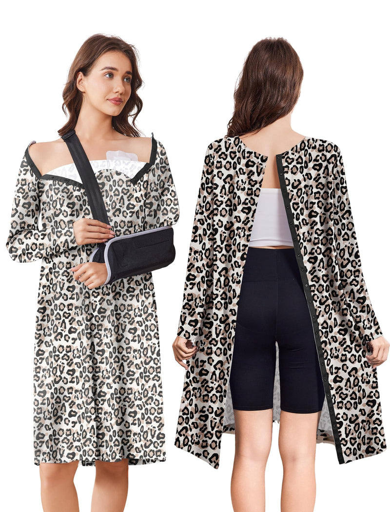 Deyeek Open Back Hospital Gowns for Women Post Shoulder Surgery Tear Away Snap Chemo Port Adaptive Clothing with Pockets Leopard Large