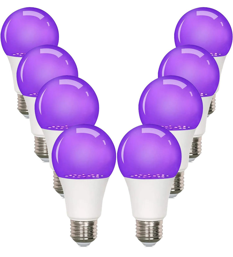 8-Pack LED Black Bulb, A19, UVA 385-400NM, 9W (100W Equivalent), E26 Head, Non-Dimmable, for Halloween Decorations, Glow Parties, Fluorescent Posters 8 Pack