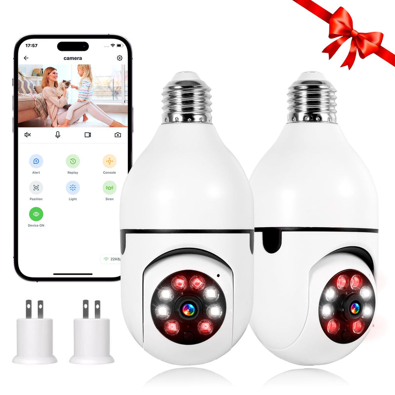 2K Light Bulb Camera Outdoor 2 Packs, 2.4GHz Wi-Fi Wireless Light Bulb Security Camera with 2 Way Talk, Color Night Vision, AI Human Detection, E27 Screw in Light Socke（2P） 1 2P-White