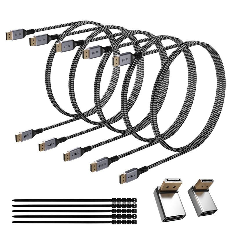 VESA Certified 8K DisplayPort 1.4 Cable 10 FT/5 Pack, 32.4Gbps High-Speed 8K@60Hz 4K@144Hz 2K@240Hz, HBR3 HDCP HDR, Braided Display Port DP Cord for Gaming Monitor PC TV Graphics+25 Ties+2 Adapters 10FT 5 Pack