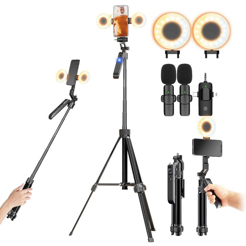 Auto Face Tracking Tripod Vlogging Kit for iPhone and Android Phone with Dual Lights/Dual Wireless Microphone/Multi-Function Remote,Expandable YouTube Starter Kit Content Creator Essentials