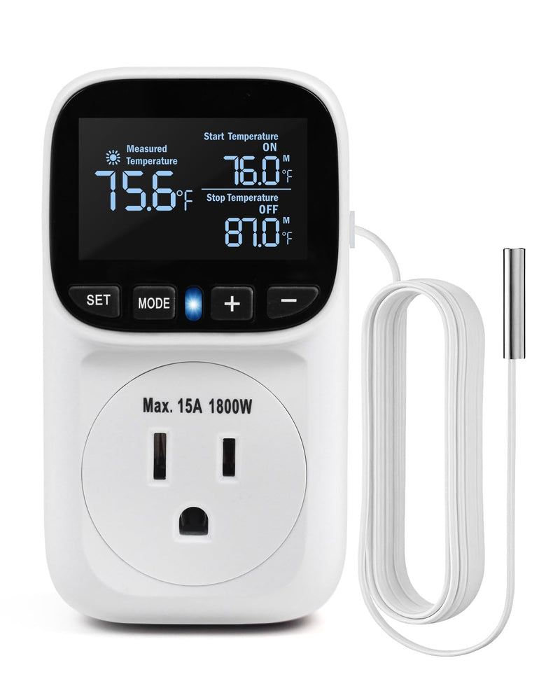 Digital Temperature Controller, Heating & Cooling Thermostat Plug Outlet, –40°F~210°F, 15A 1800W, LCD Display, Temperature Controlled Outlet for Home, Greenhouse, Chicken Coop, Reptile White